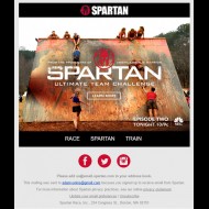 Spartan Race Email Promotion for episode 2 showcases Charleston Warriors Adam Von Ins, Stephen Siraco, Orla Walsh,  Stepahine Keenan & Elea Faucheron as they appear on NBC Spartan Ultimate Team Ch